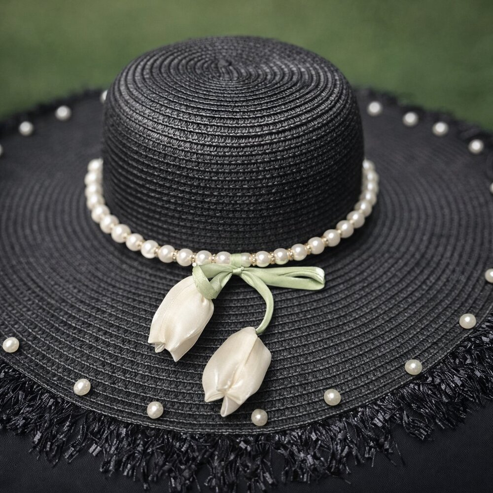 Black Wide Brim Straw Hat Pearl Band Elegant Vacation with Tulip Charms NWT - Picture 2 of 2